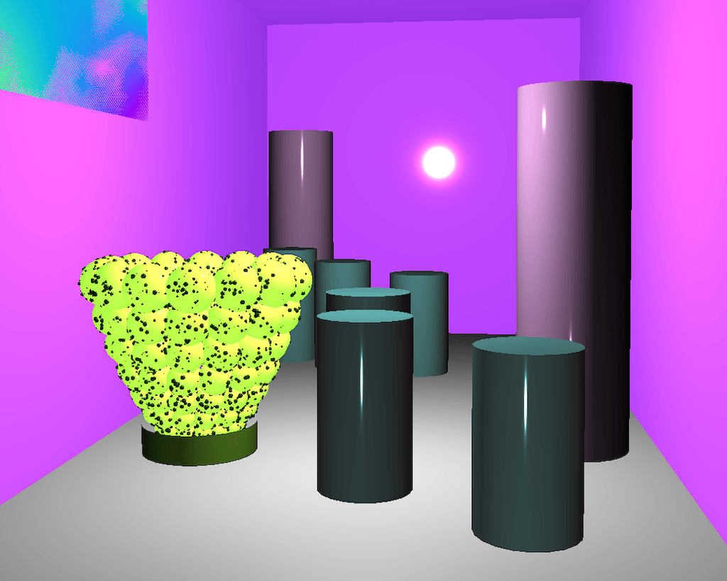 Sphere plant shape and cylinders in pink room