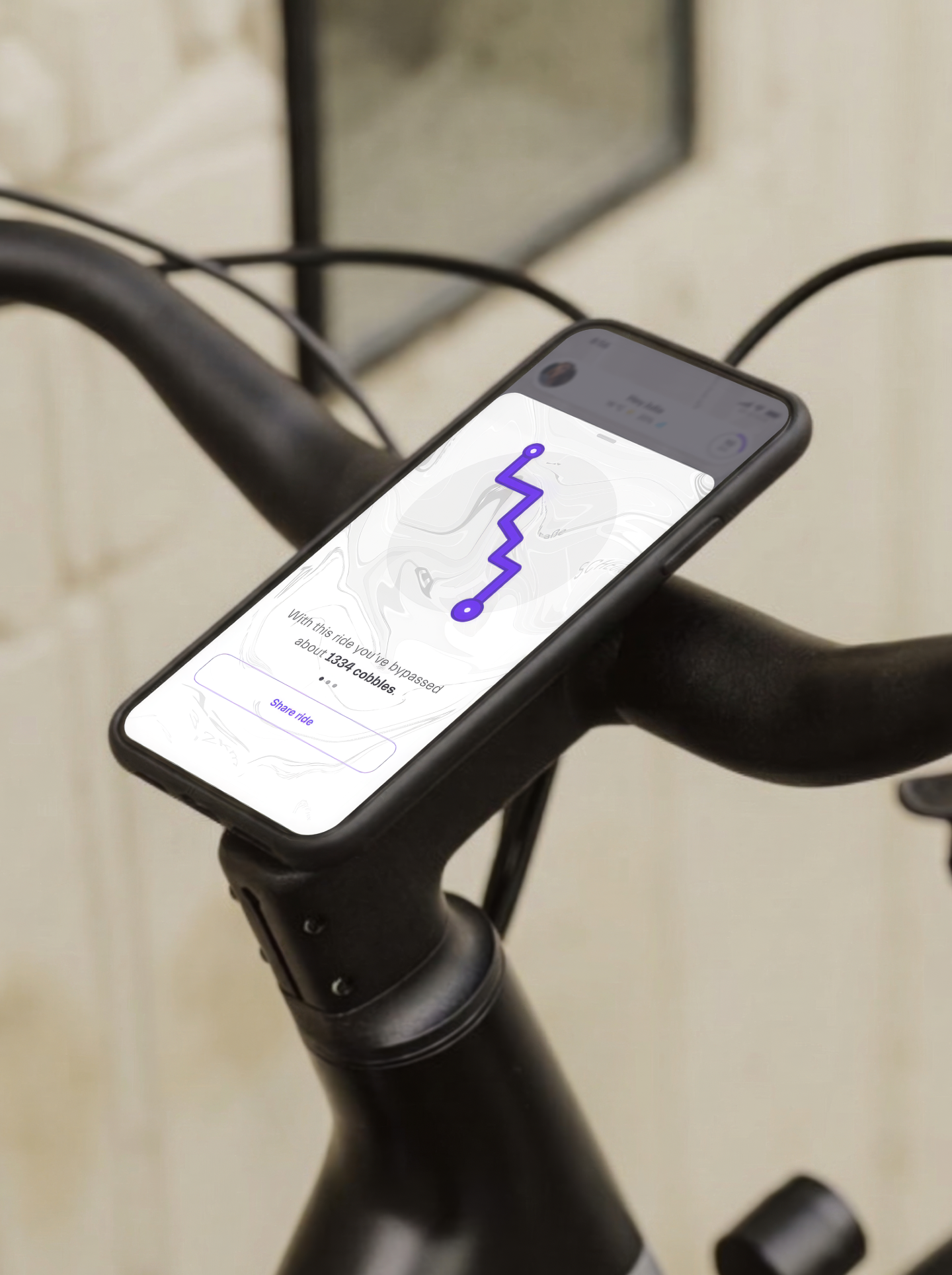 Dance app open on a phone mounted to e-bike handlebars, displaying a navigation map with a route plotted through the city
