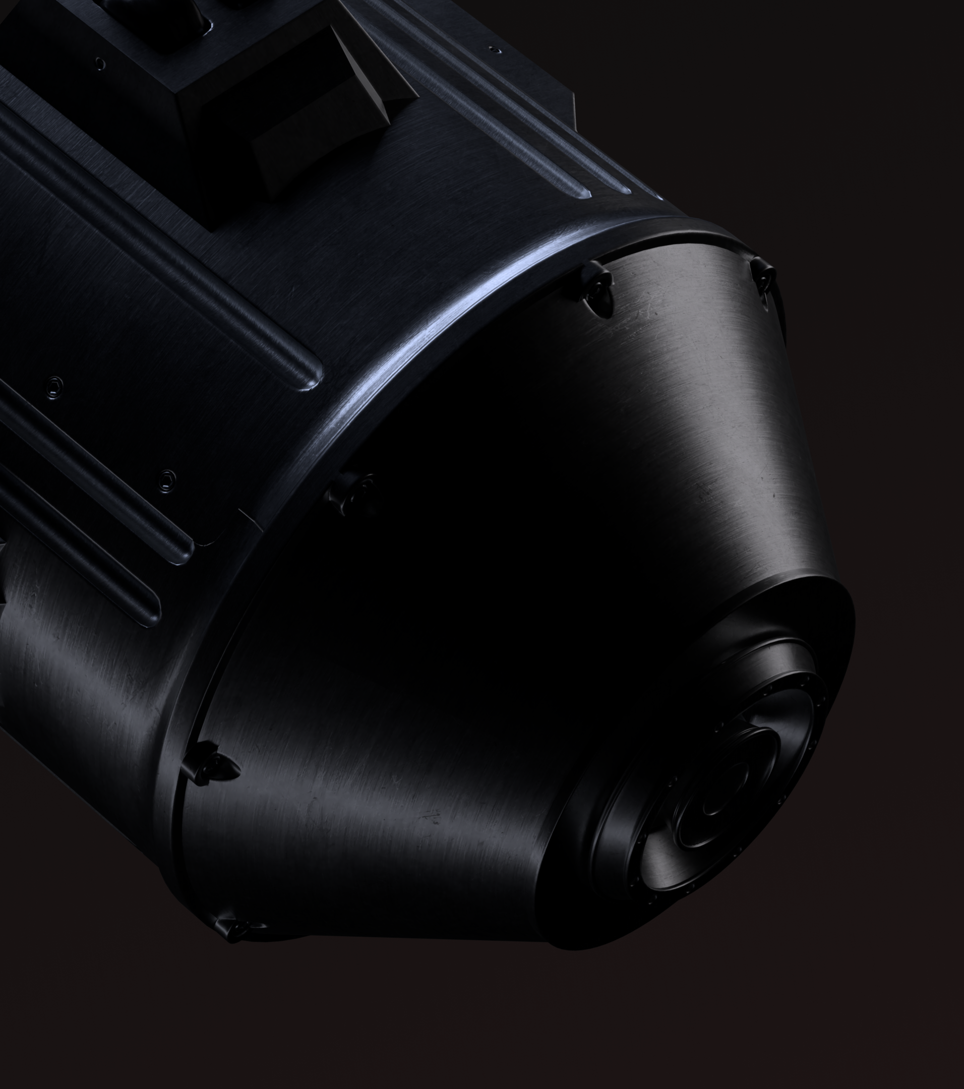 Close-up 3D render of the Cerberus extraction laser nose in near-black dramatic lighting