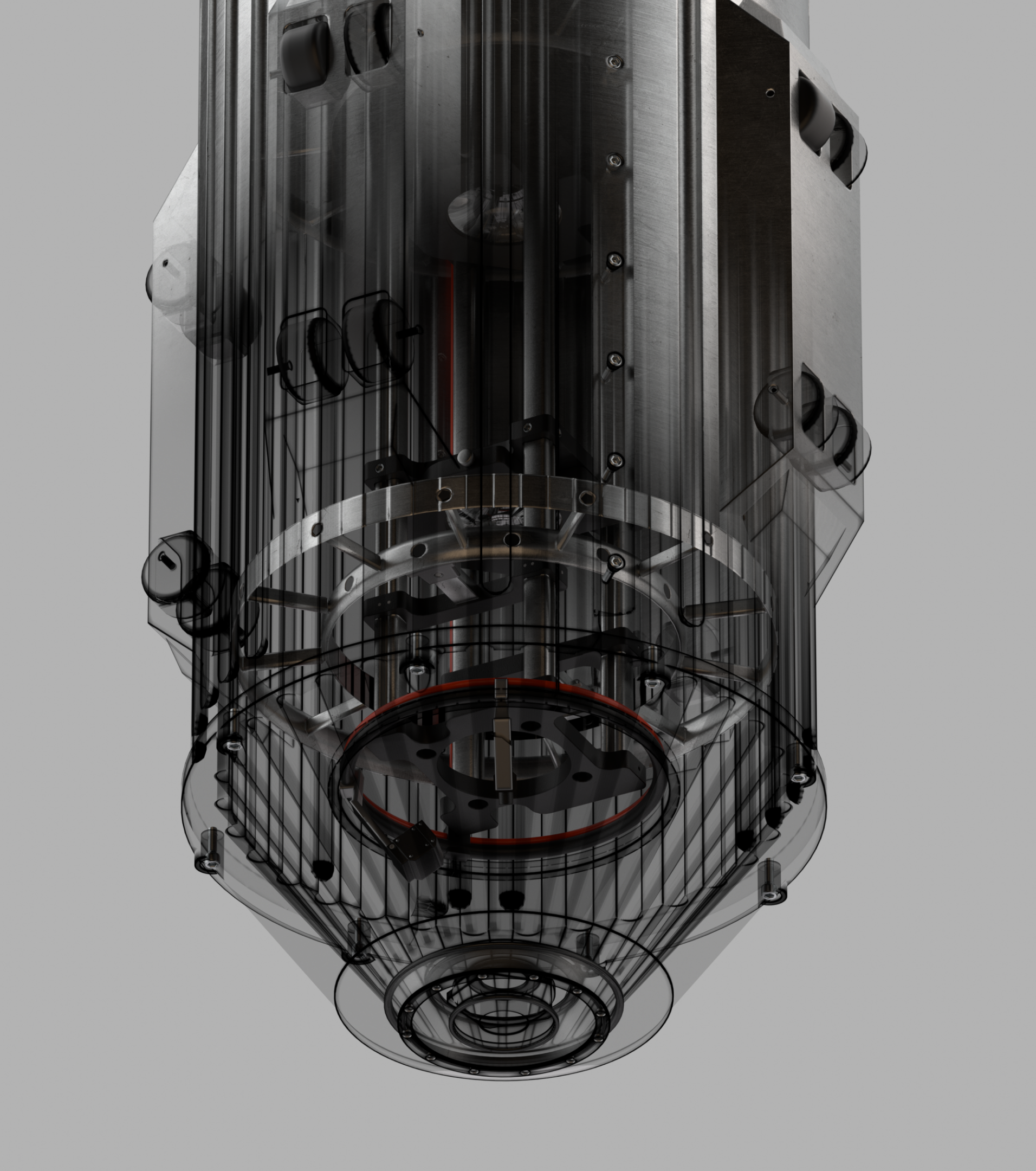 Semi-transparent wireframe 3D render of the Cerberus laser revealing its internal cylindrical components and ring assemblies