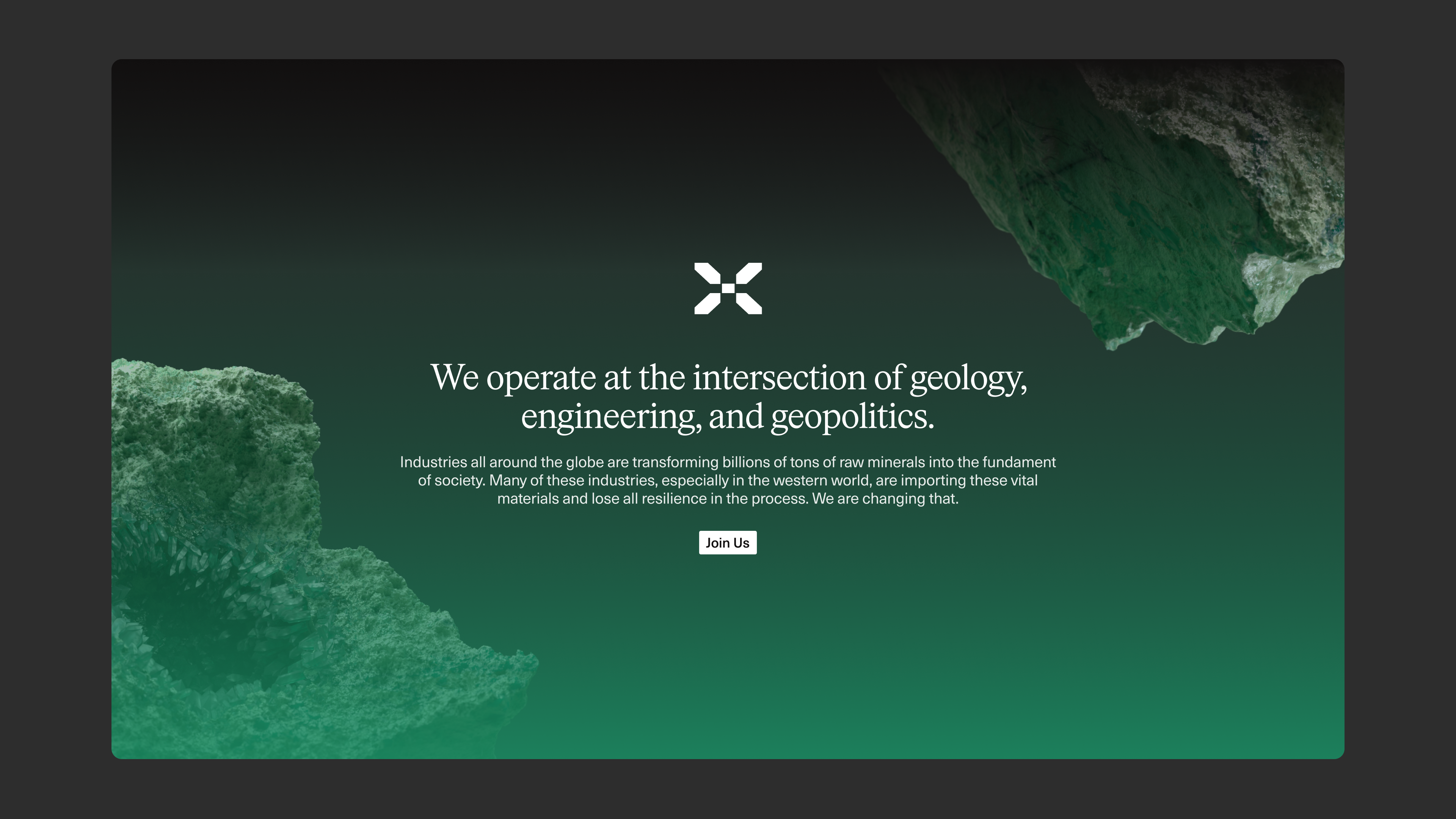Hades website module with headline "We operate at the intersection of geology, engineering, and geopolitics" over a dark green rocky landscape background