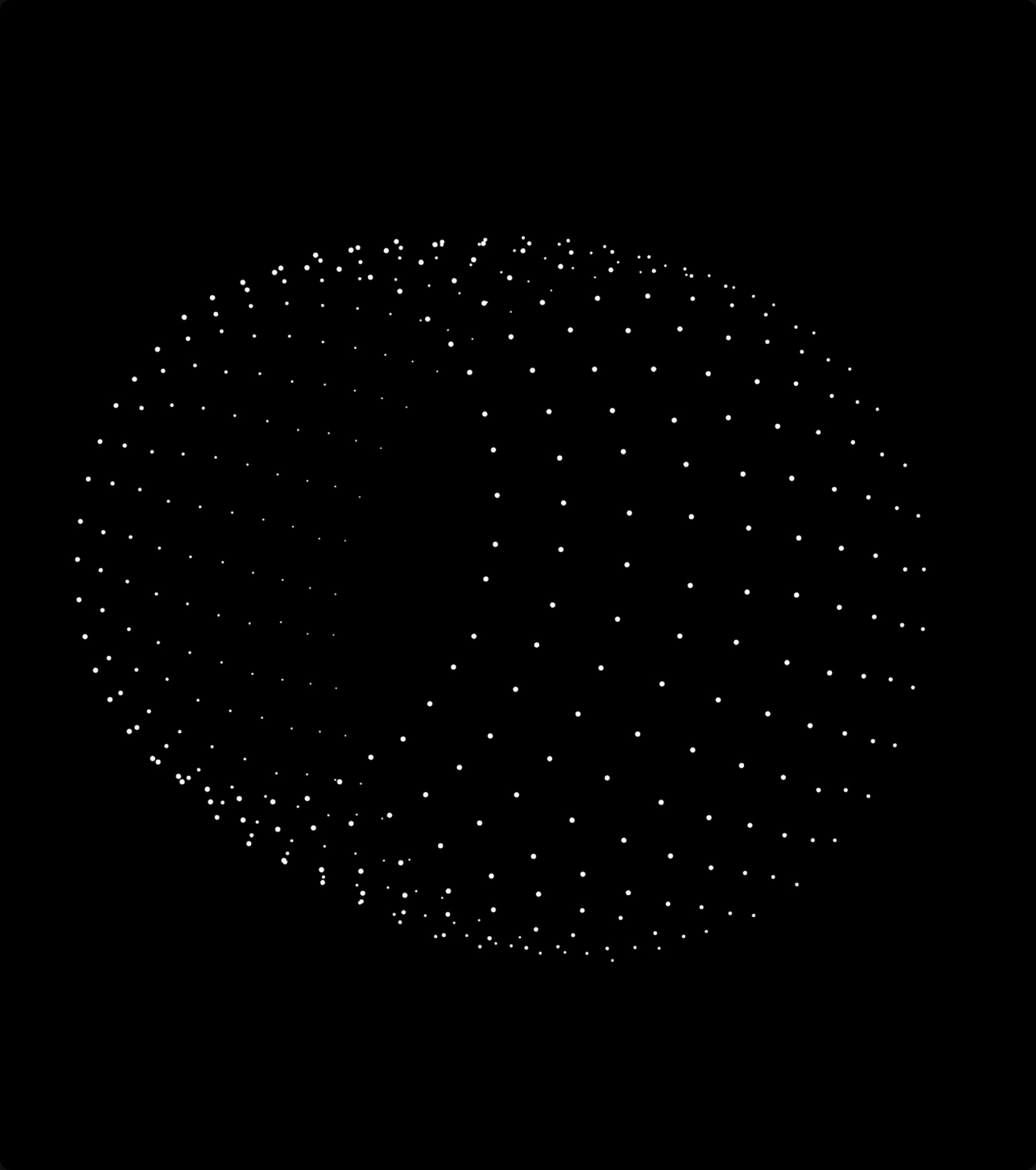 White dot point-cloud in an elliptical formation against a black background