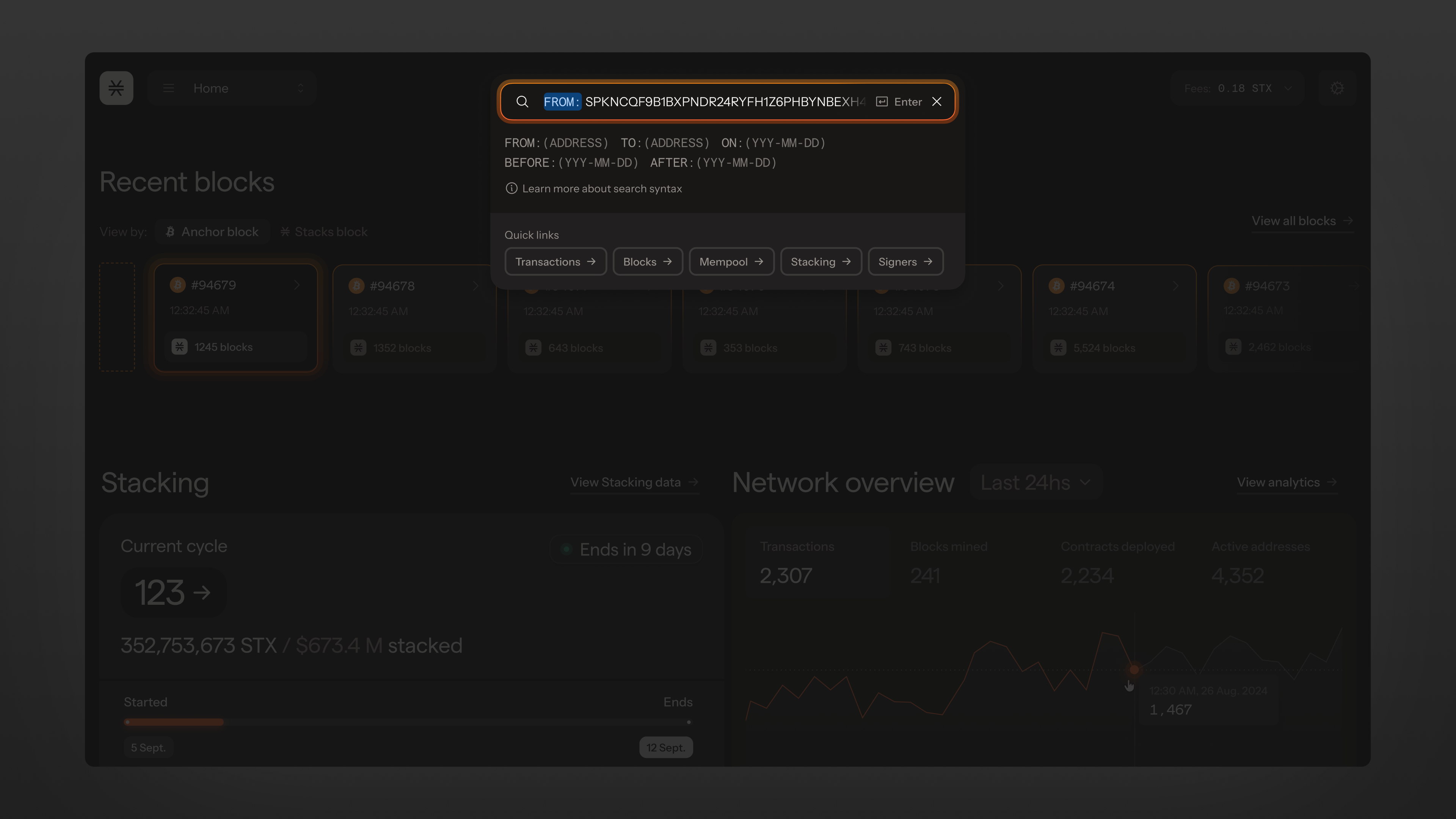 Hiro blockchain explorer dark UI with recent blocks, stacking stats and network overview, an active address search query highlighted in orange