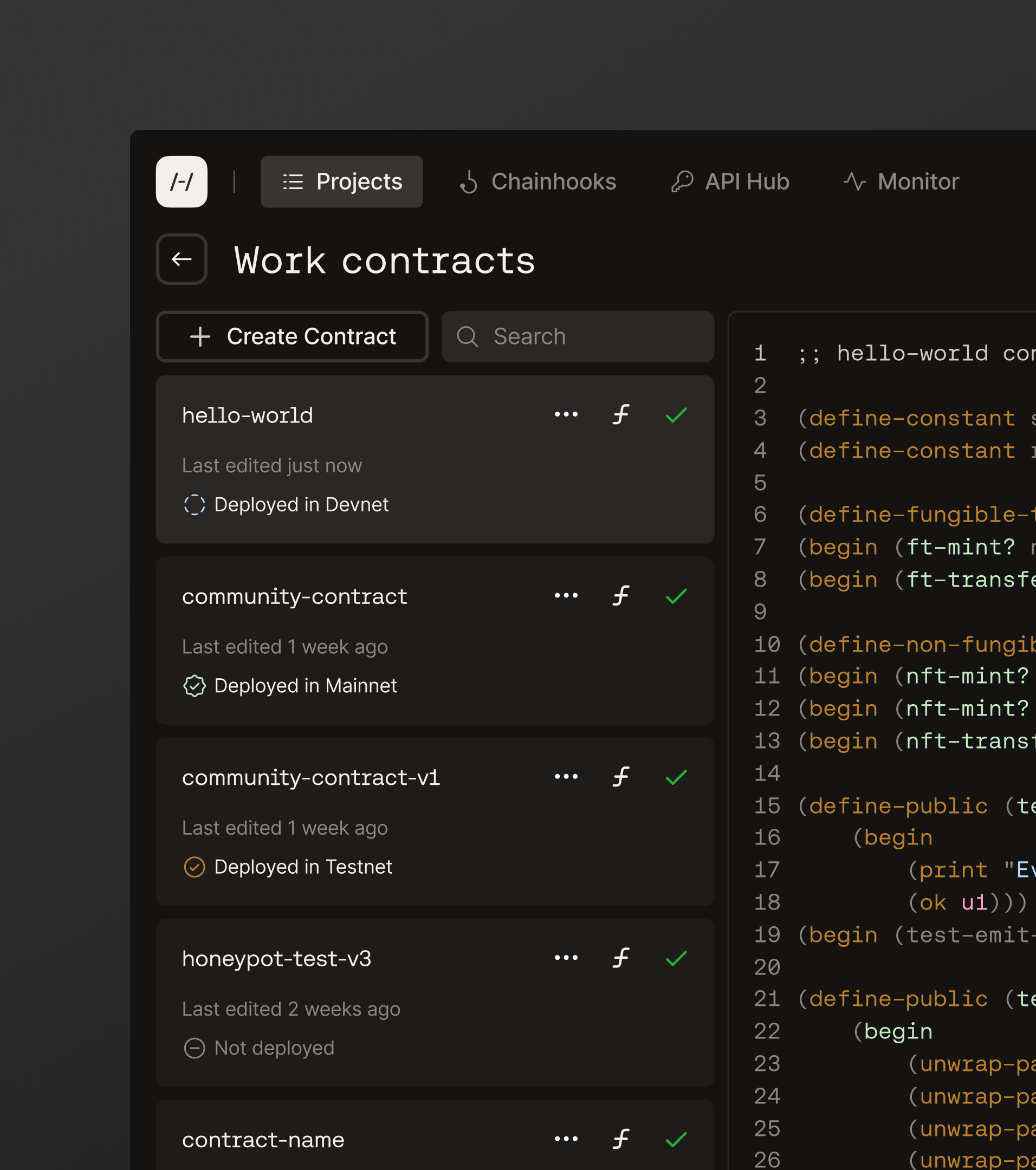 Hiro Platform "Work contracts" view listing deployed smart contracts alongside a Clarity smart contract code editor