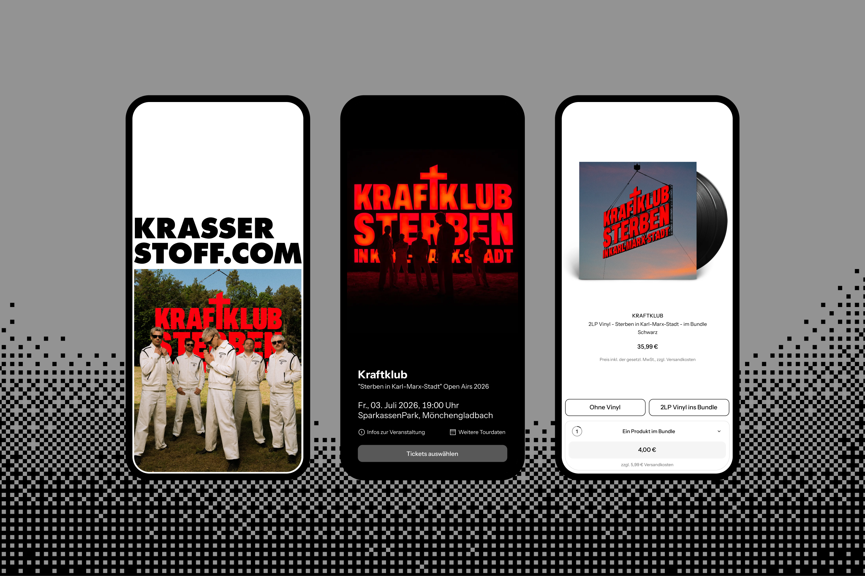 Three mobile screens showing the Krasserstoff.com Kraftklub artist page, event detail view, and vinyl bundle product page.