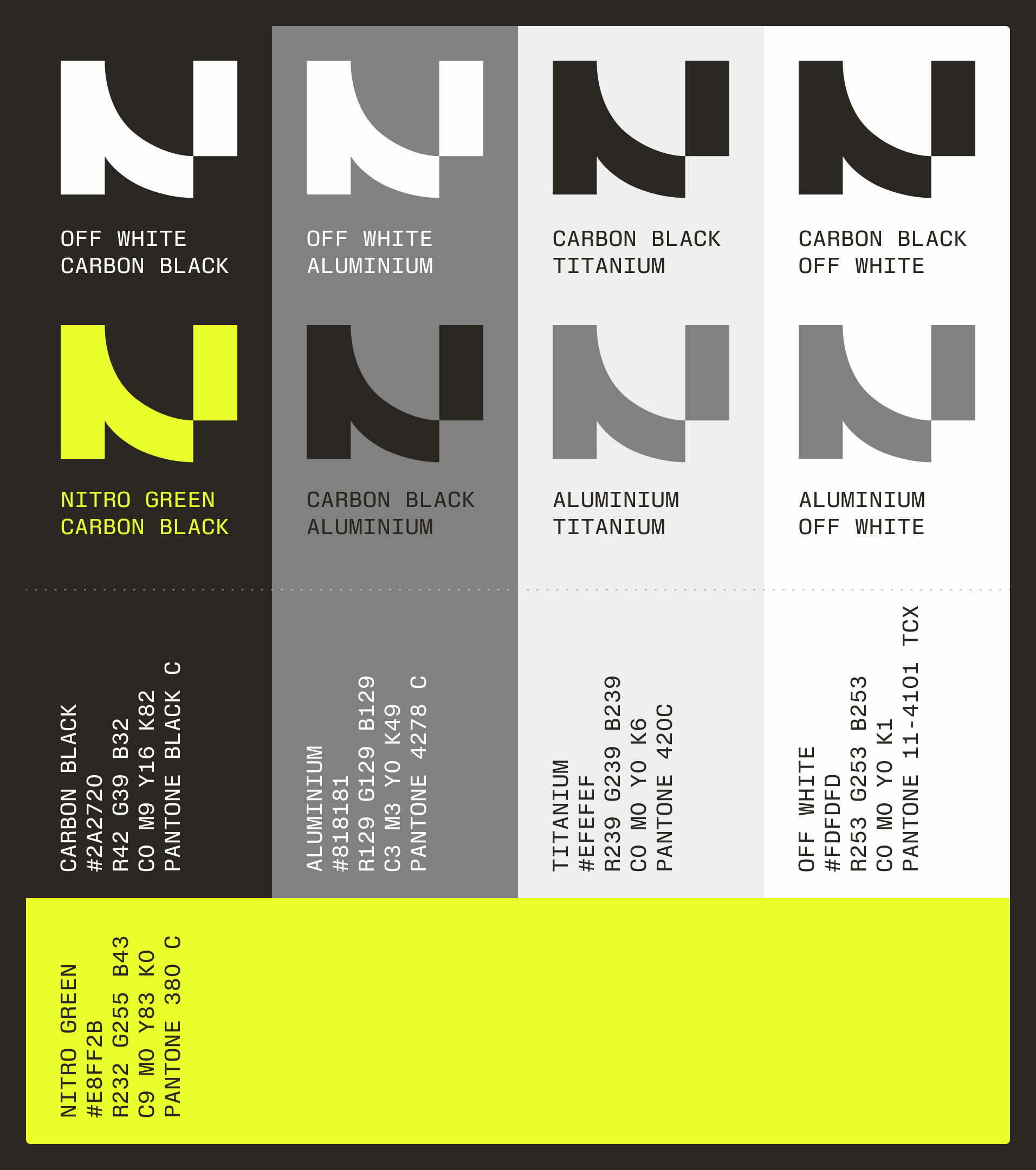 Nucleus logo mark shown in eight colour combinations with the palette below - Carbon Black, Aluminium, Titanium, Off White and Nitro Green with hex, RGB, CMYK and Pantone values