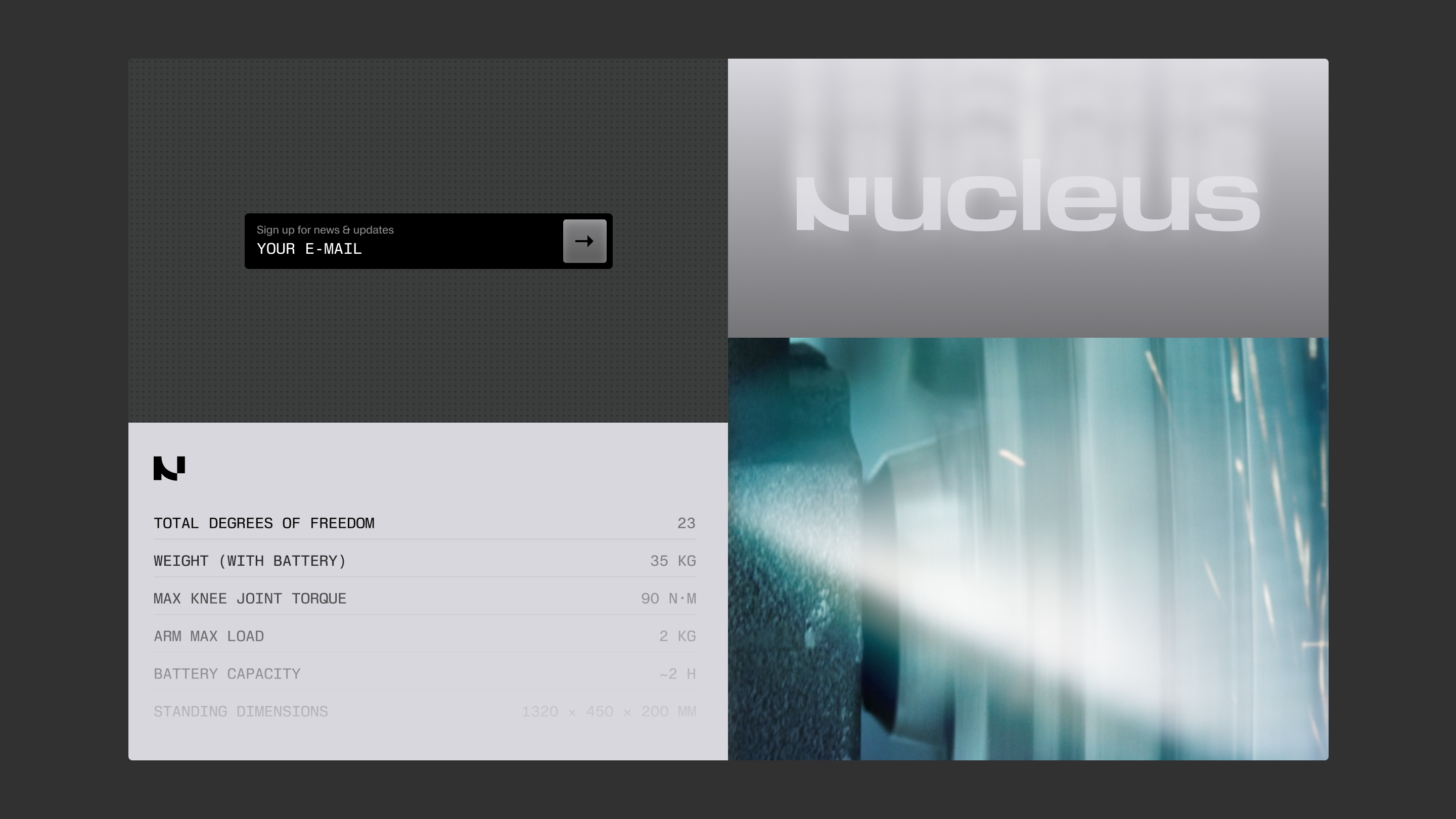 Nucleus website modules showing a newsletter sign-up, a robot spec table with 23 degrees of freedom and 35 kg weight, and the Nucleus wordmark above a laser light image