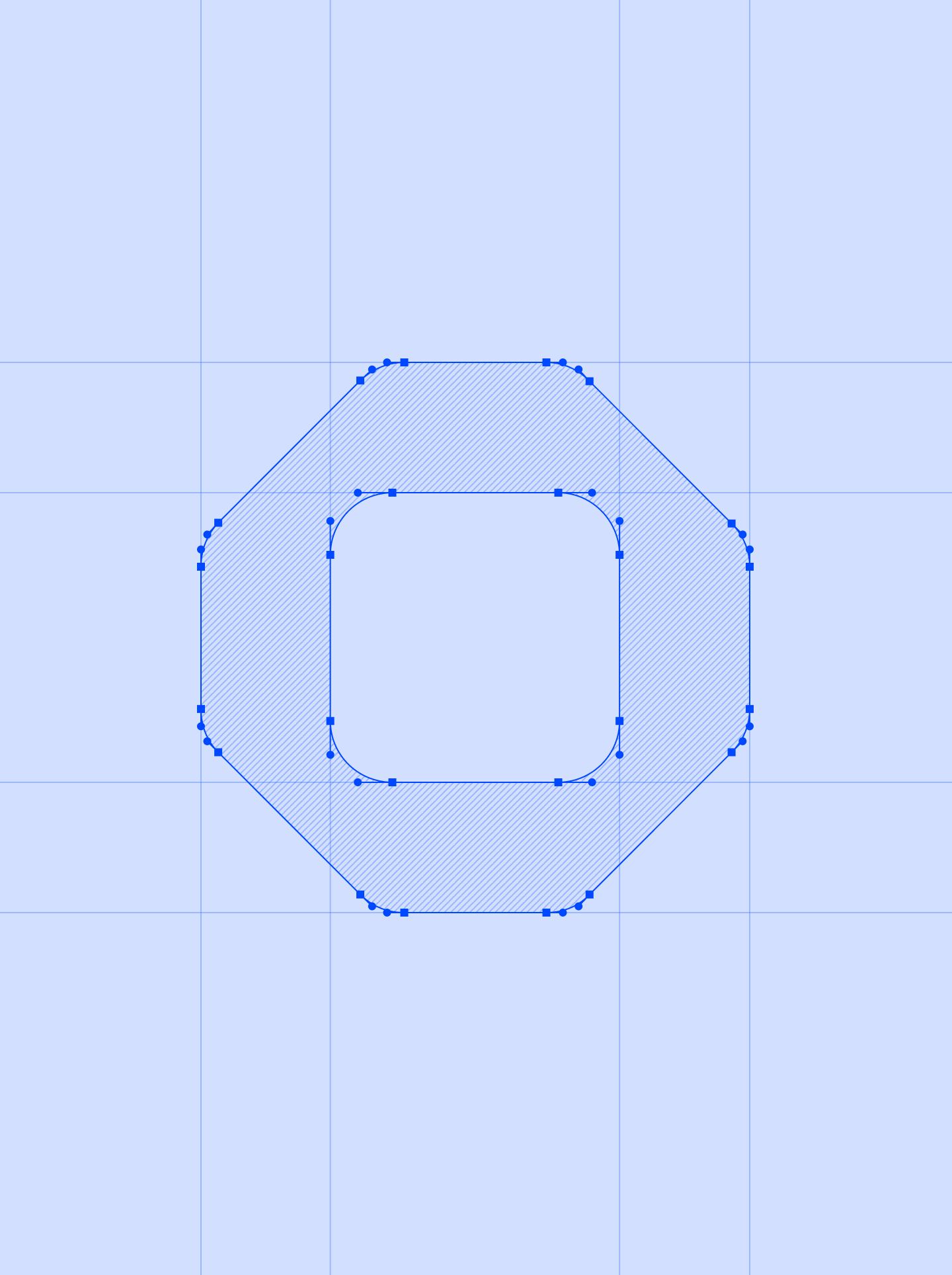 Construction drawing of the Ona "O" logomark with bezier anchor points and proportional guidelines on a light blue grid background