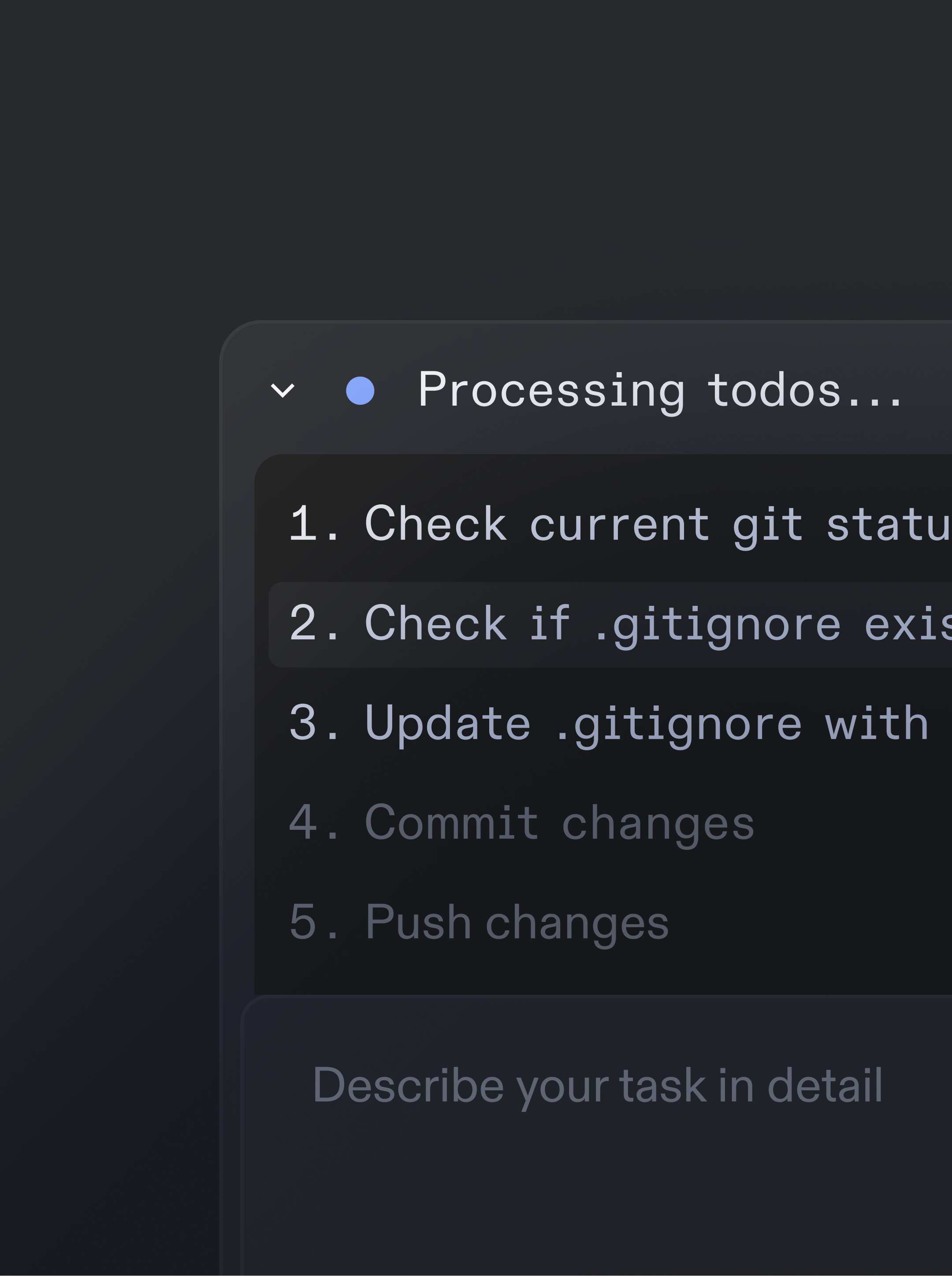 Ona platform task panel listing steps to check git status, update .gitignore, commit and push changes