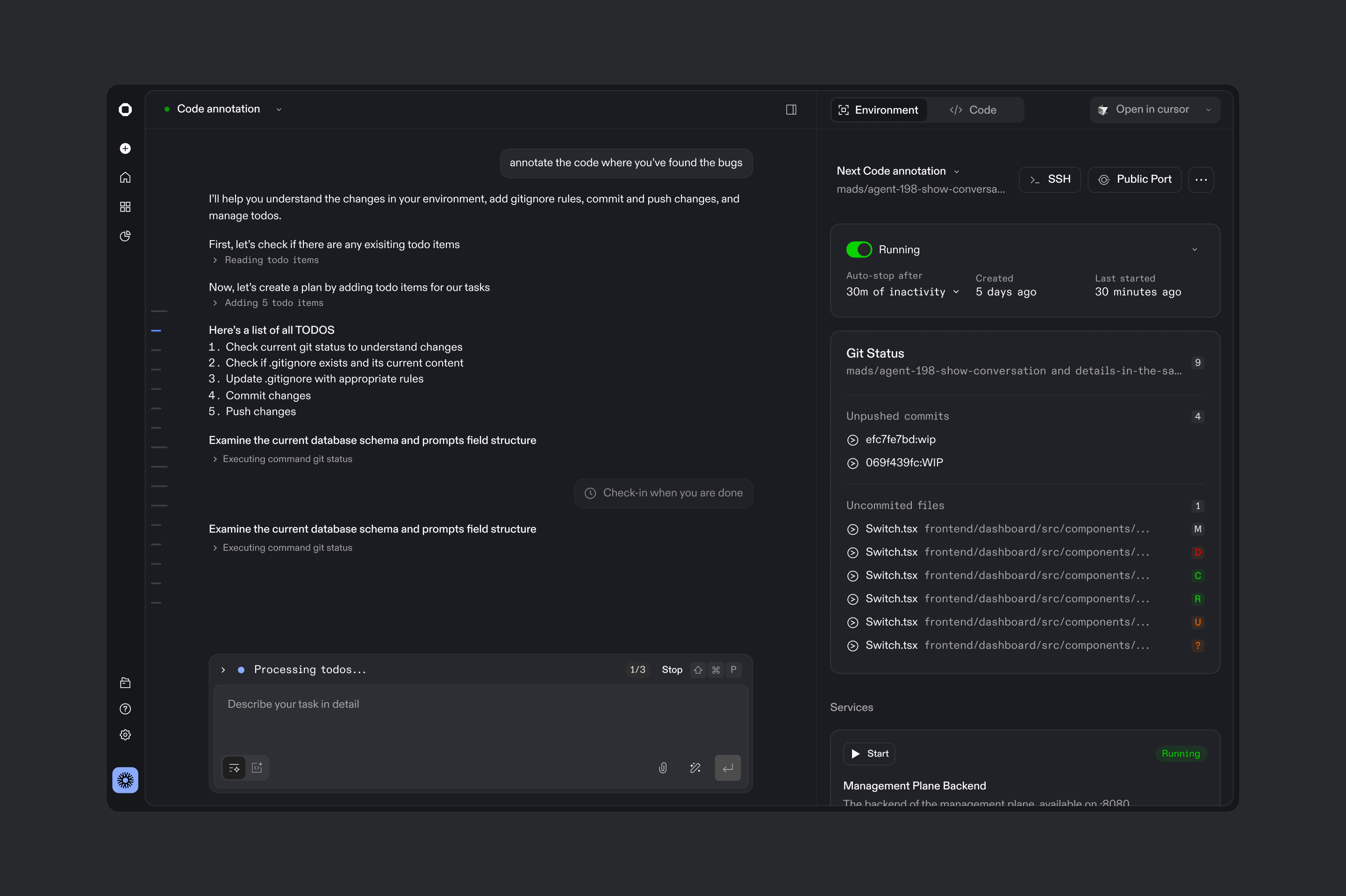 Full Ona platform interface showing an active "Code annotation" session with an AI agent