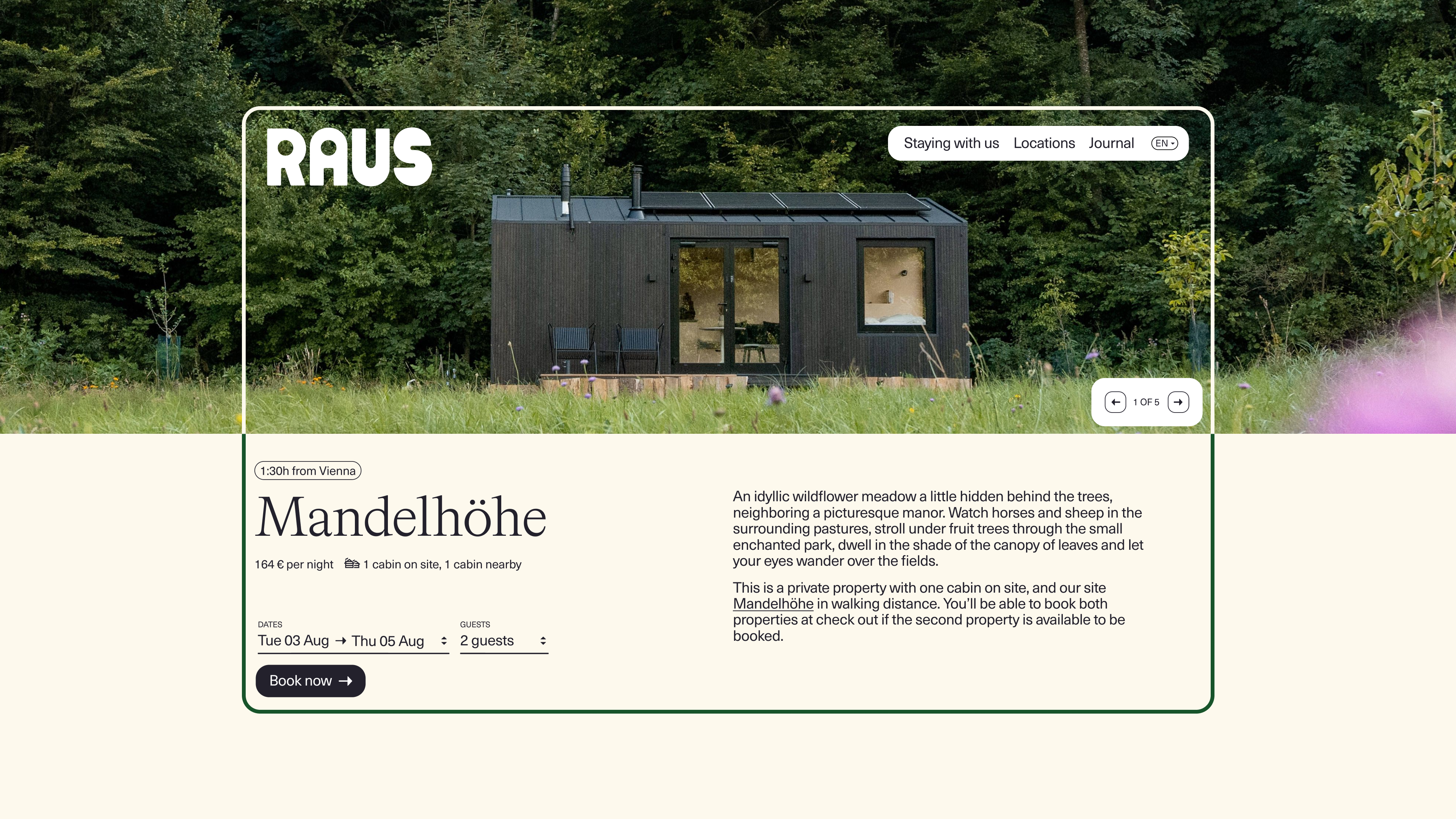 Raus website cabin detail page for "Mandelhöhe" nestled in forest, with the booking panel showing price per night, guest count, dates and a "Book now" button