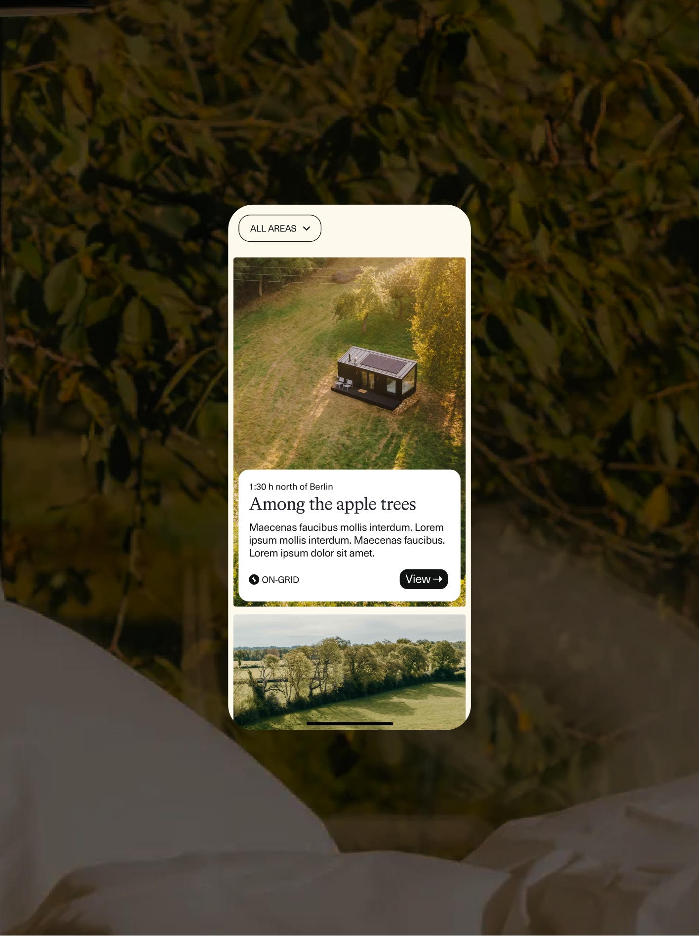 Raus mobile app cabin listing "Among the apple trees" with an aerial drone shot of a Raus cabin in a green meadow