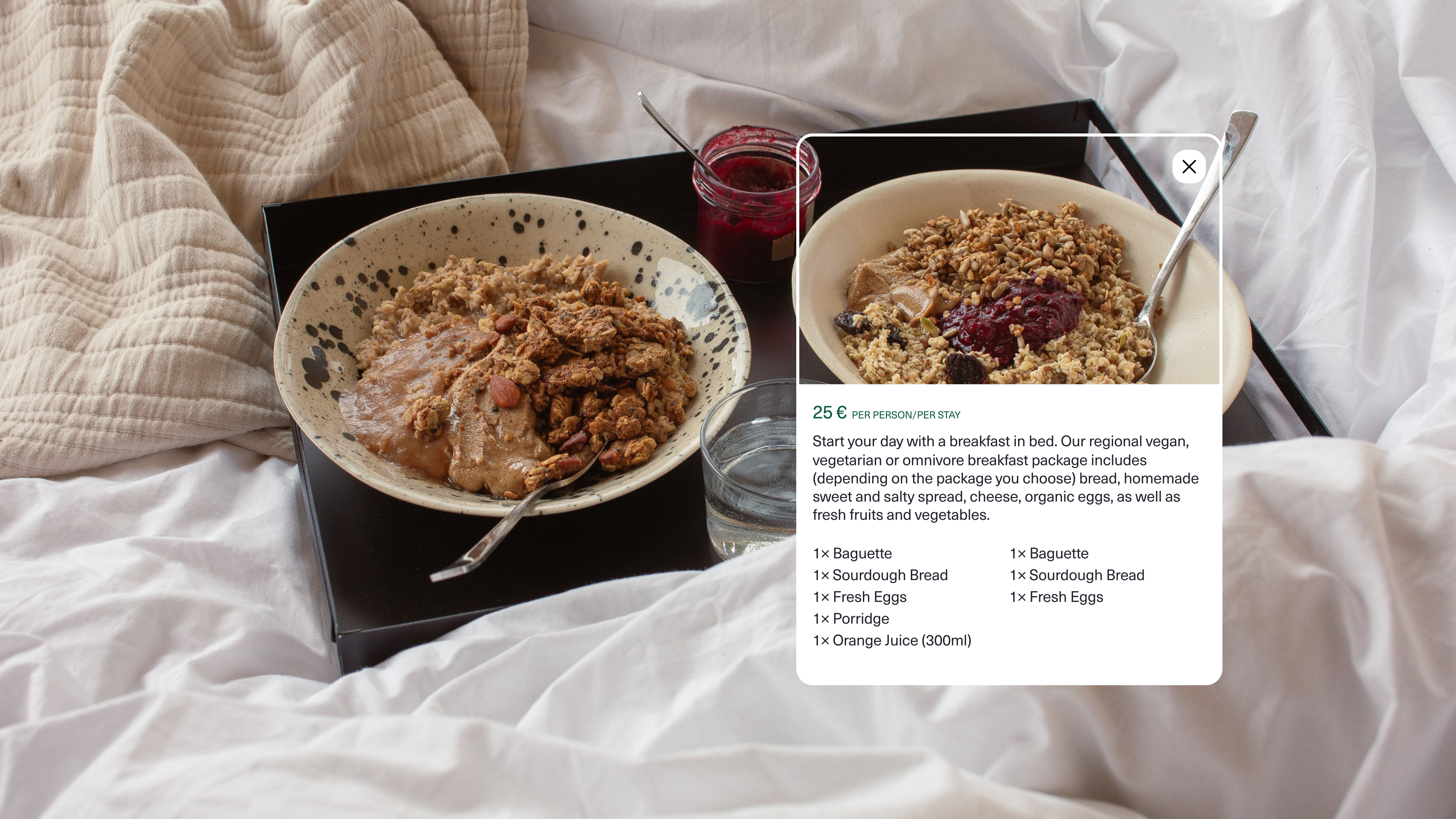 Breakfast tray with granola bowls on white linen, overlaid by the Raus in-app breakfast add-on popup listing the package contents and price